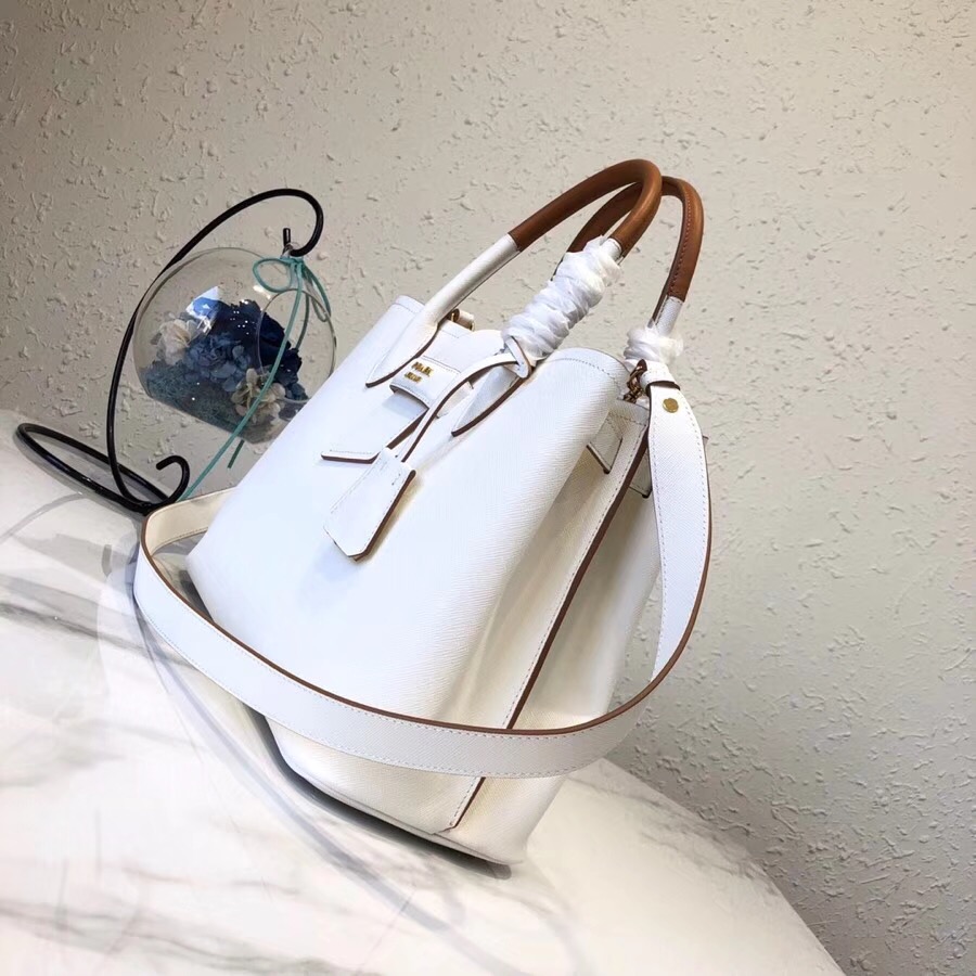 Pra*a top handle tote bag leather white/brown 1bg148 33 × 24 × 14.5 cm