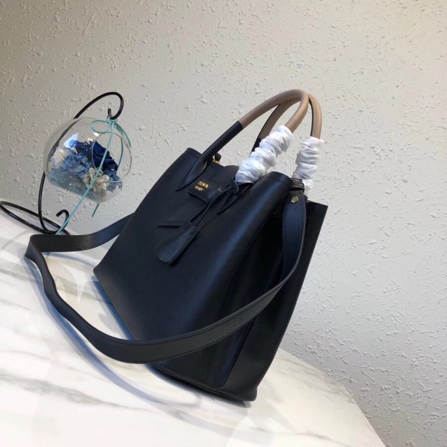 Pra*a top handle tote bag leather black/beige 1bg148 33 × 24 × 14.5 cm