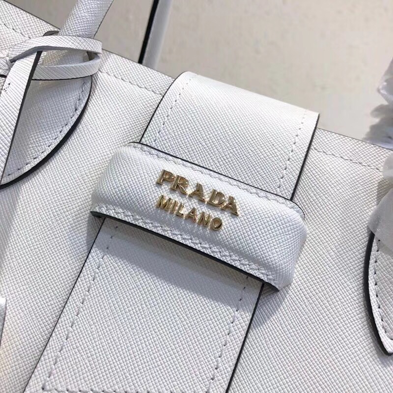 Pra*a top handle tote bag leather white/black 1bg148 33 × 24 × 14.5 cm