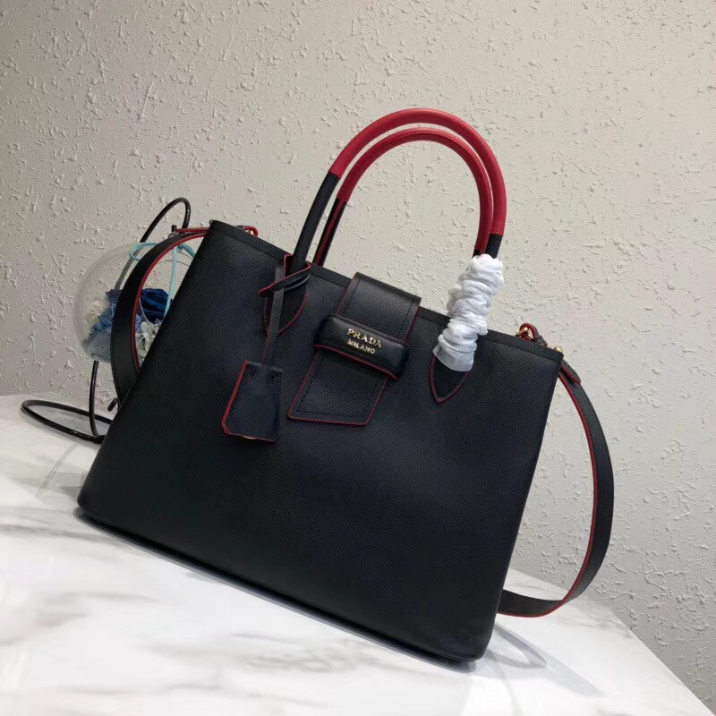 Pra*a top handle tote bag leather black/red 1bg148 33 × 24 × 14.5 cm