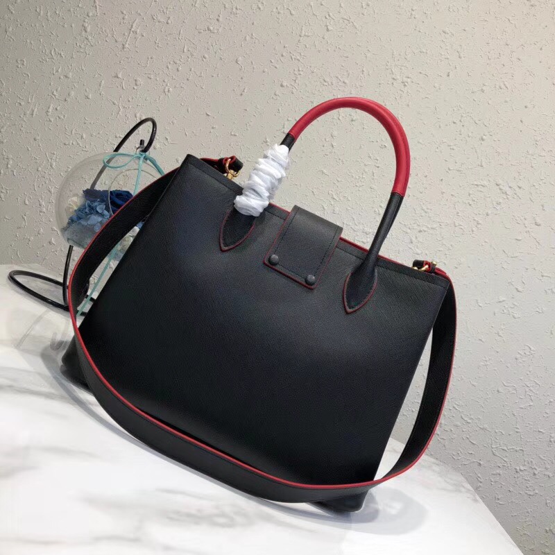 Pra*a top handle tote bag leather black/red 1bg148 33 × 24 × 14.5 cm