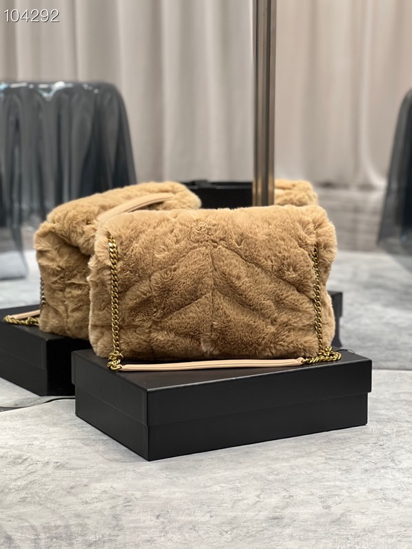 Y51 medium puffer bag in merino shearling and lambskin light brown 577475 35 × 23 × 13.5 cm