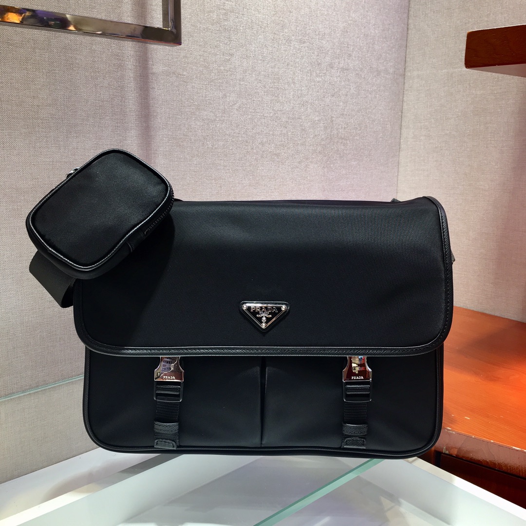 Pra*a re-nylon and saffiano leather shoulder bag black 2vd768 32 x 24 x 12 cm