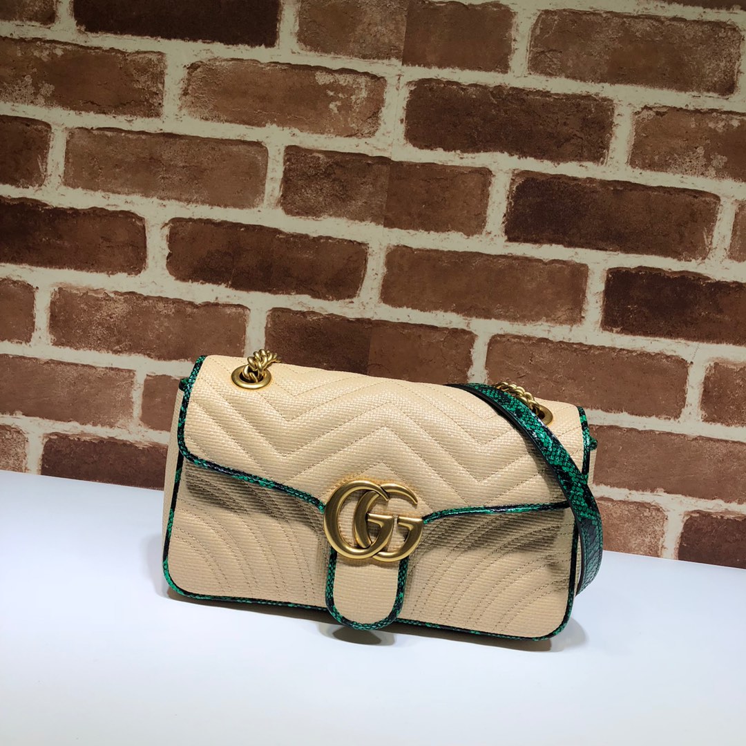 Gvc*1 gg marmont small shoulder bag raffia/green python ‎443497 26 x 15 x 7 cm