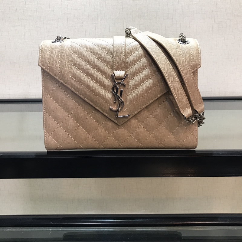 Y51 envelope medium bag in grained leather silver metal beige 600185 24 x 7.5 x 18 cm