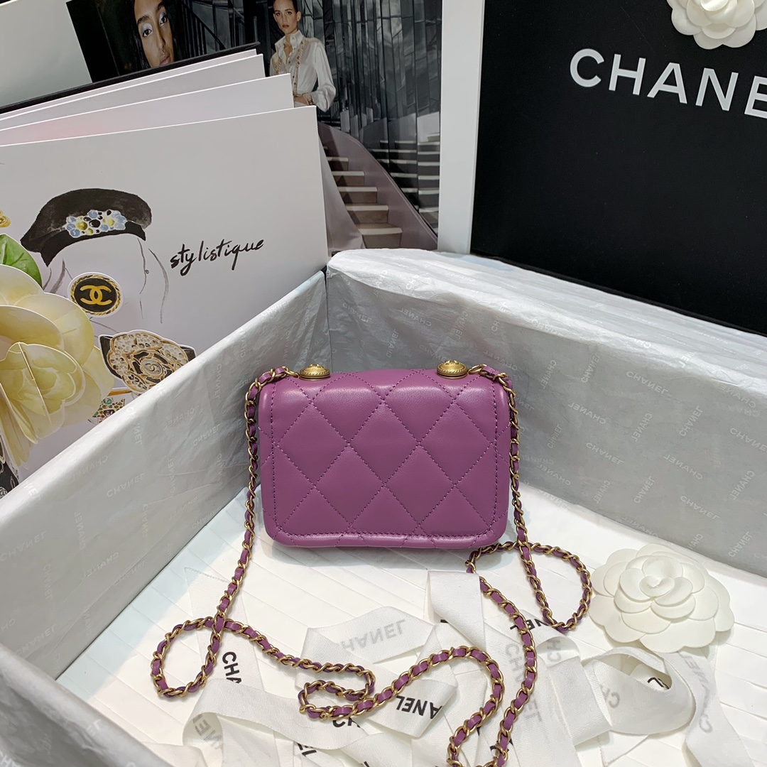Ch**el mini retro flap button bag in leather purple 13.5 x 9 x 4 cm
