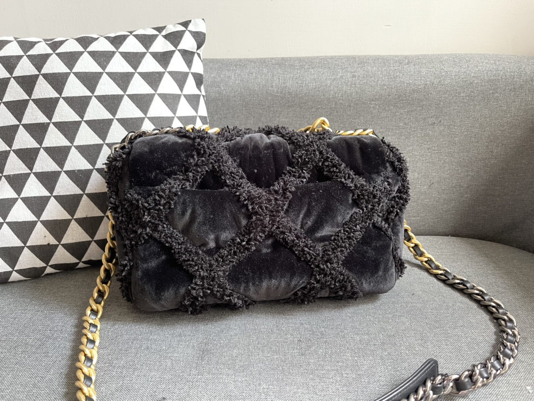 Ch**el 19 large cotton canvas calfskin flap bag black 30 cm