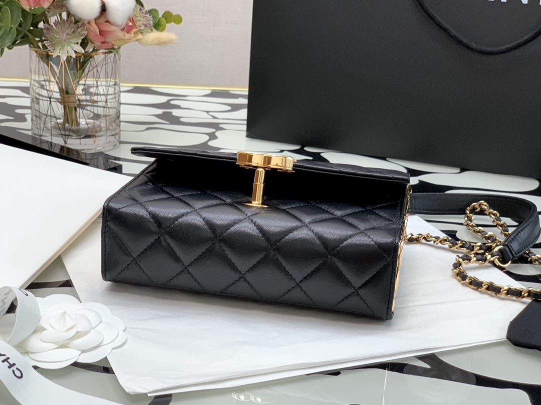 Ch**el mini flap bag handle lambskin & gold metal black as2796 12.5 x 17.5 x 5.5 cm