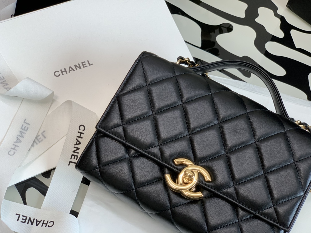 Ch**el mini flap bag handle lambskin & gold metal black as2796 12.5 x 17.5 x 5.5 cm