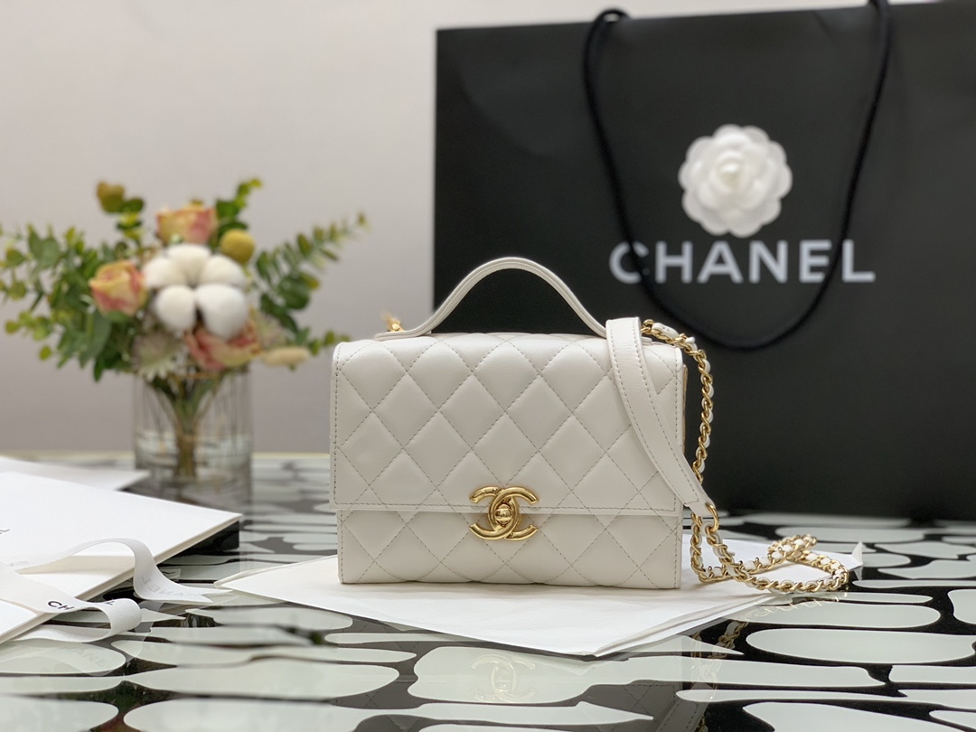 Ch**el mini flap bag handle lambskin & gold metal white as2796 12.5 x 17.5 x 5.5 cm