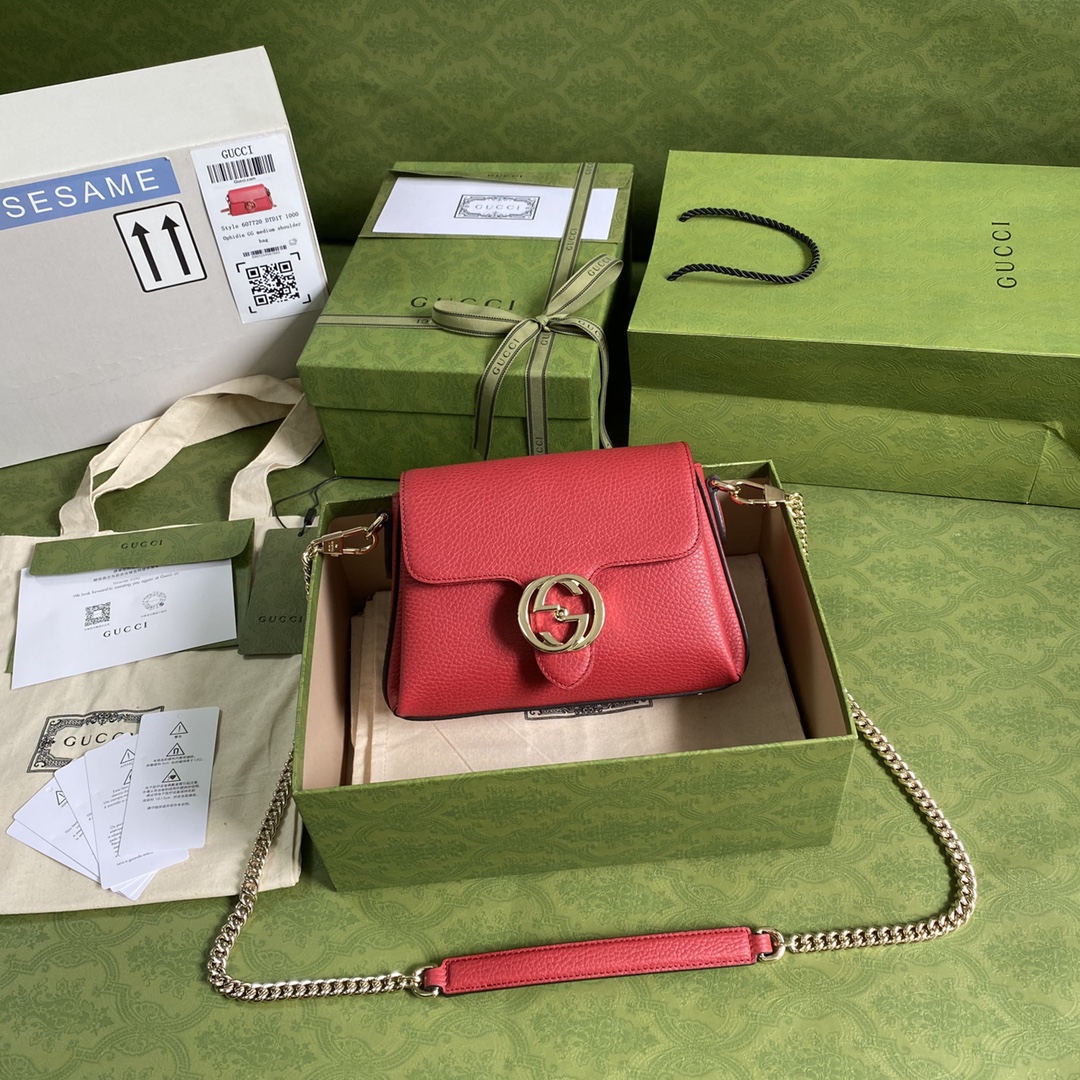 Gvc*1 interlocking g leather crossbody bag red 607720 22 x 15 x 7 cm