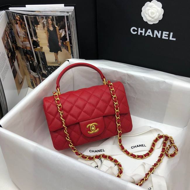 Ch**el mini flap bag with top handle grained calfskin red as2431 20 x 14 x 7 cm
