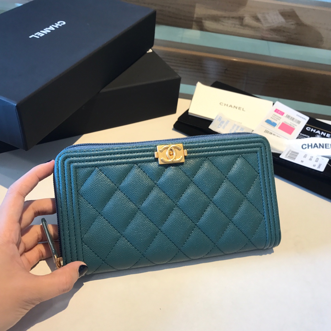Ch**el boy long zipped wallet grained leather teal a80815 19cm