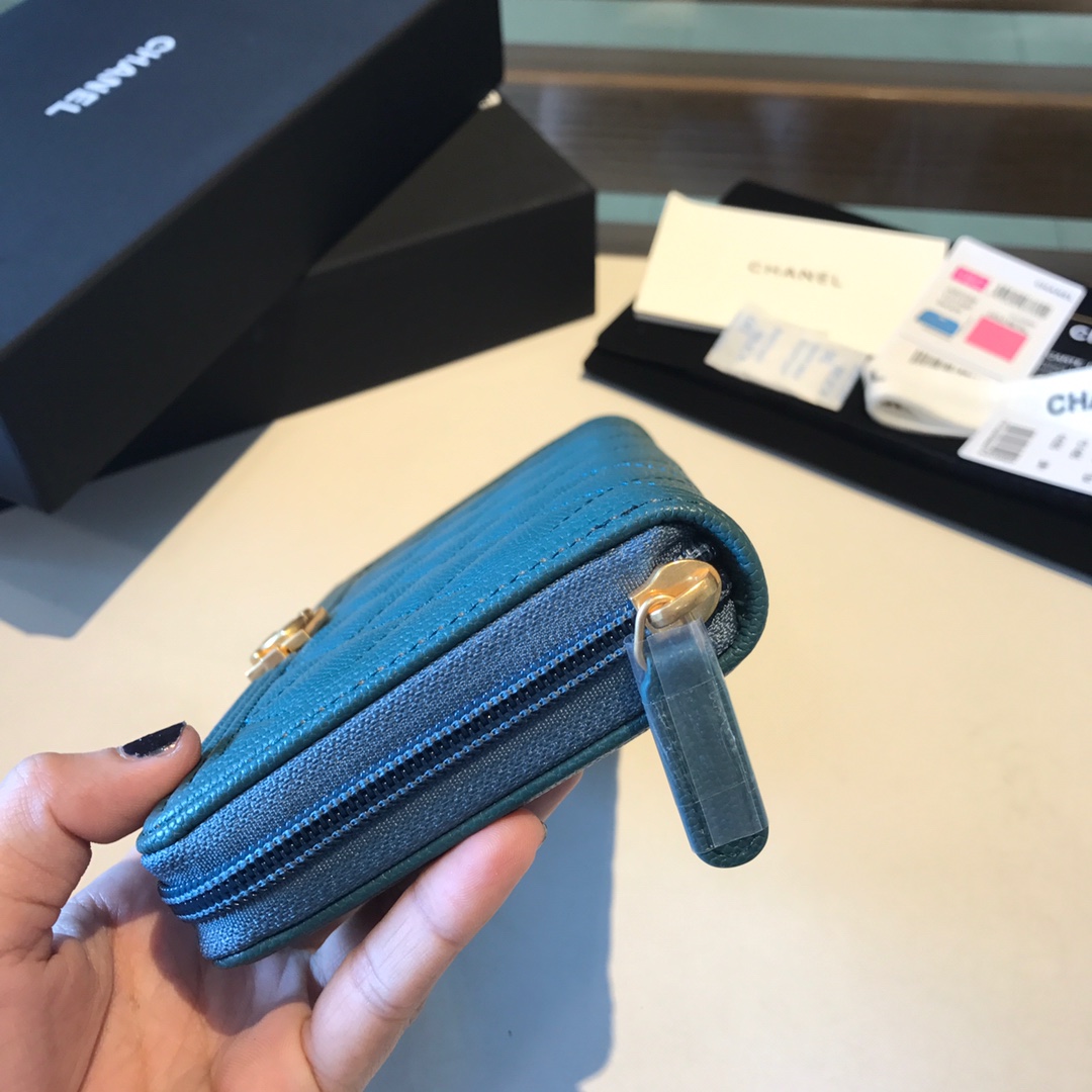 Ch**el boy long zipped wallet grained leather teal a80815 19cm