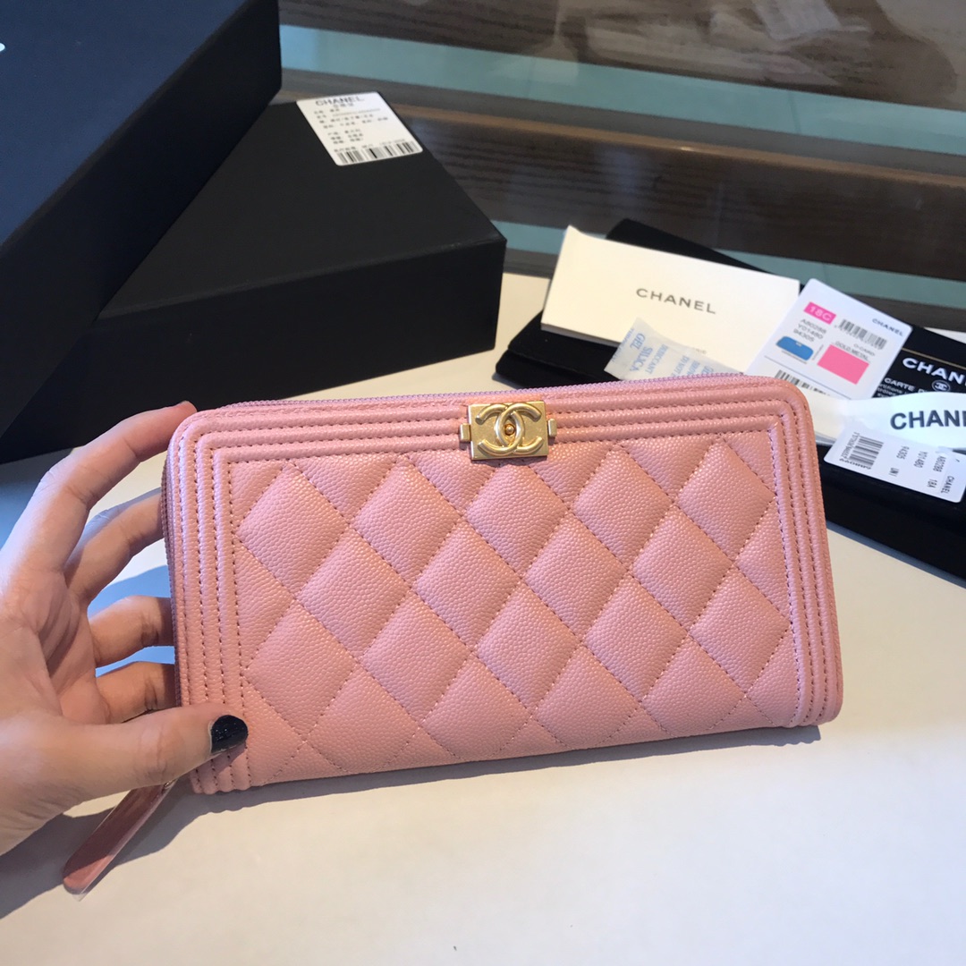 Ch**el boy long zipped wallet grained leather powder pink a80815 19cm
