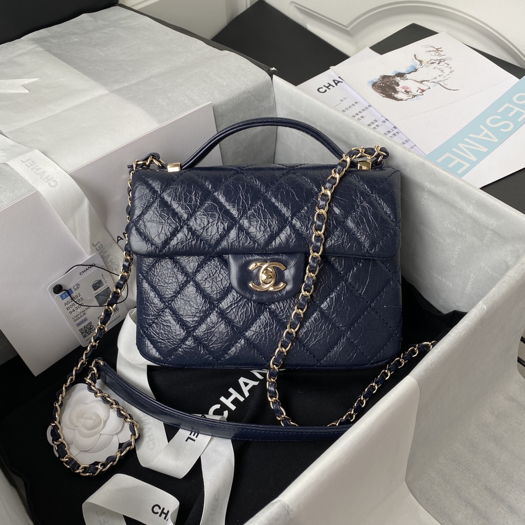 Ch**el mini flap bag with top handle crumpled leather navy blue as2892 20 x 15 x 6.5 cm