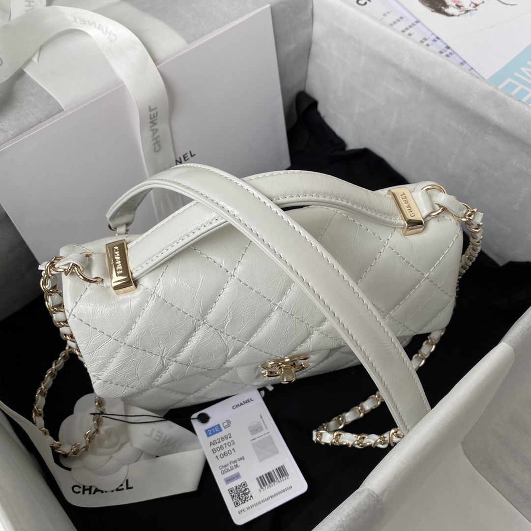 Ch**el mini flap bag with top handle crumpled leather white as2892 20 x 15 x 6.5 cm