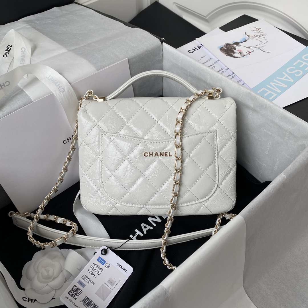 Ch**el mini flap bag with top handle crumpled leather white as2892 20 x 15 x 6.5 cm