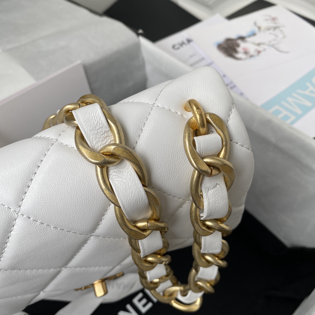 Ch**el flap bag with big chain leather white 22 × 5 × 15.5 cm