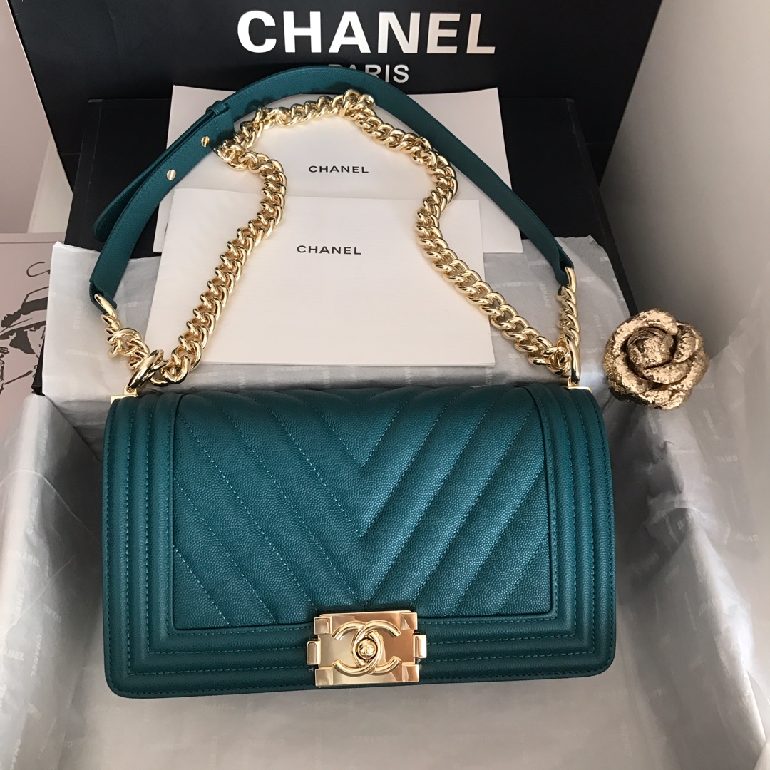 Ch**el medium boy bag chevron gold-tone metal grained leather teal a67086 25cm