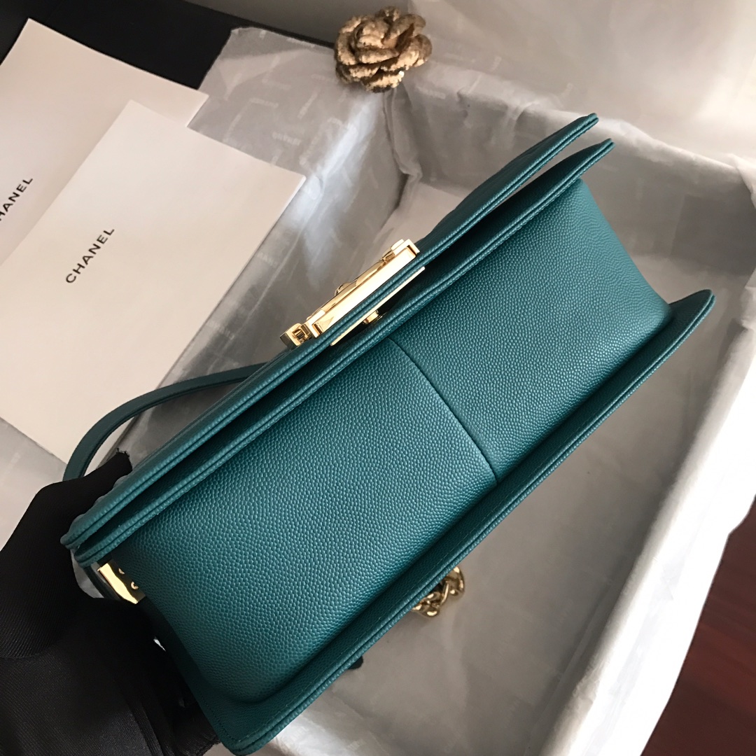 Ch**el medium boy bag chevron gold-tone metal grained leather teal a67086 25cm