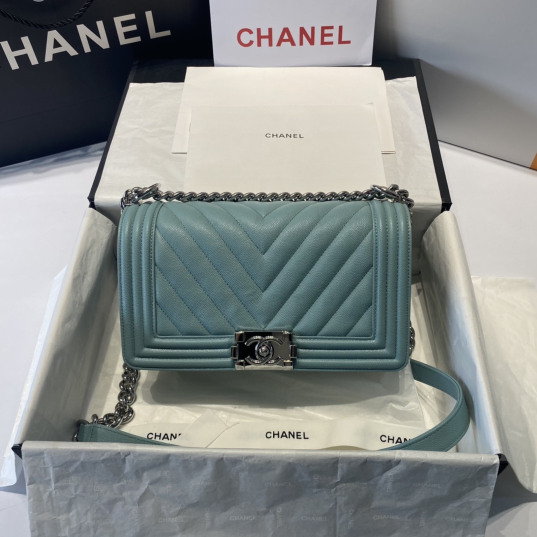 Ch**el medium boy bag chevron black-tone metal grained leather blue a67086 25cm