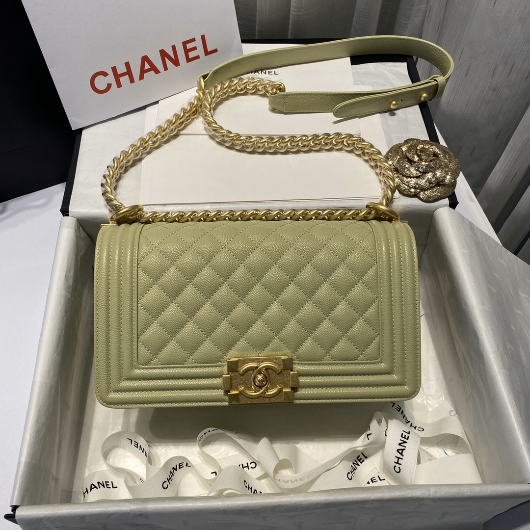 Ch**el medium boy bag classic gold-tone metal grained leather olive green a67086 25cm