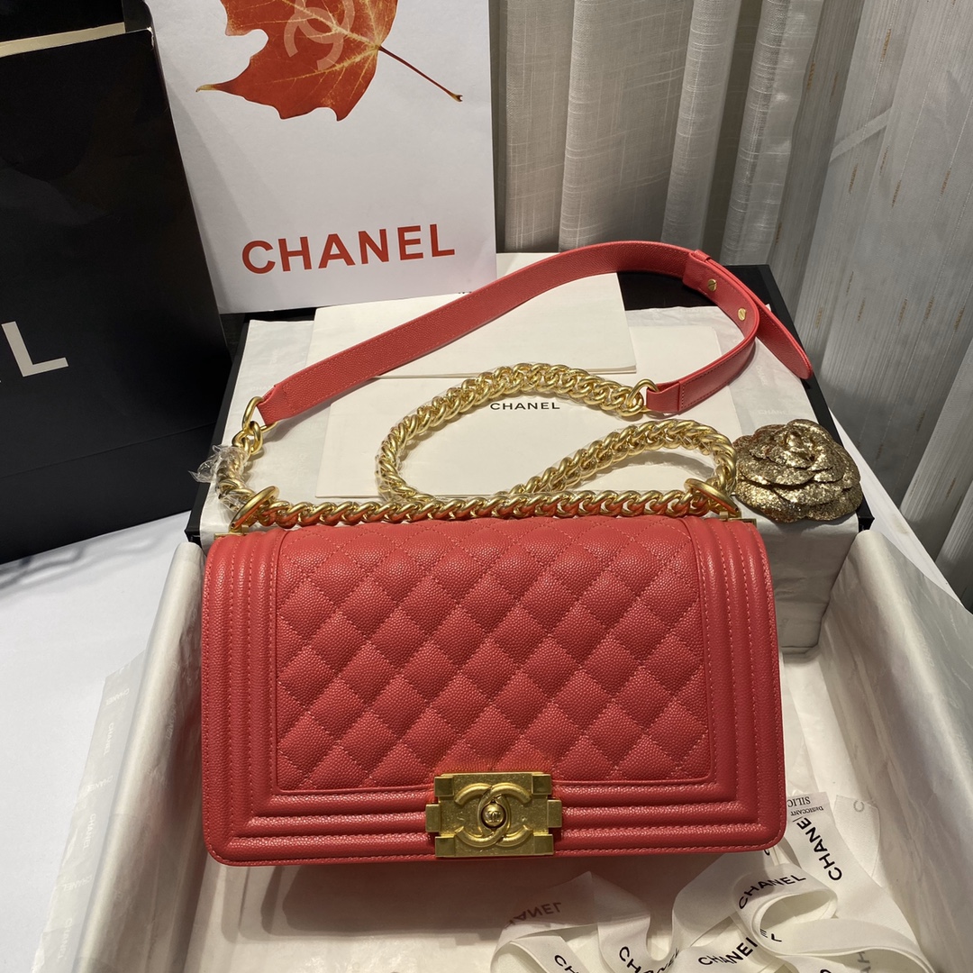 Ch**el medium boy bag classic gold-tone metal grained leather peach a67086 25cm