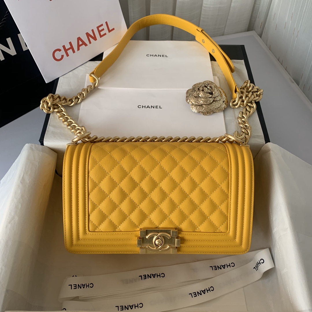 Ch**el medium boy bag classic gold-tone metal grained leather mustard yellow a67086 25cm
