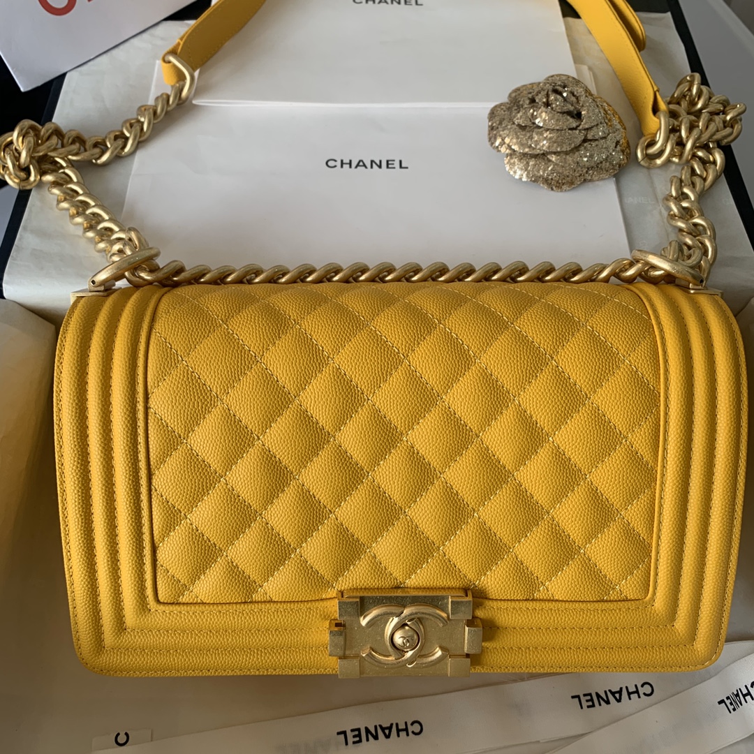 Ch**el medium boy bag classic gold-tone metal grained leather mustard yellow a67086 25cm