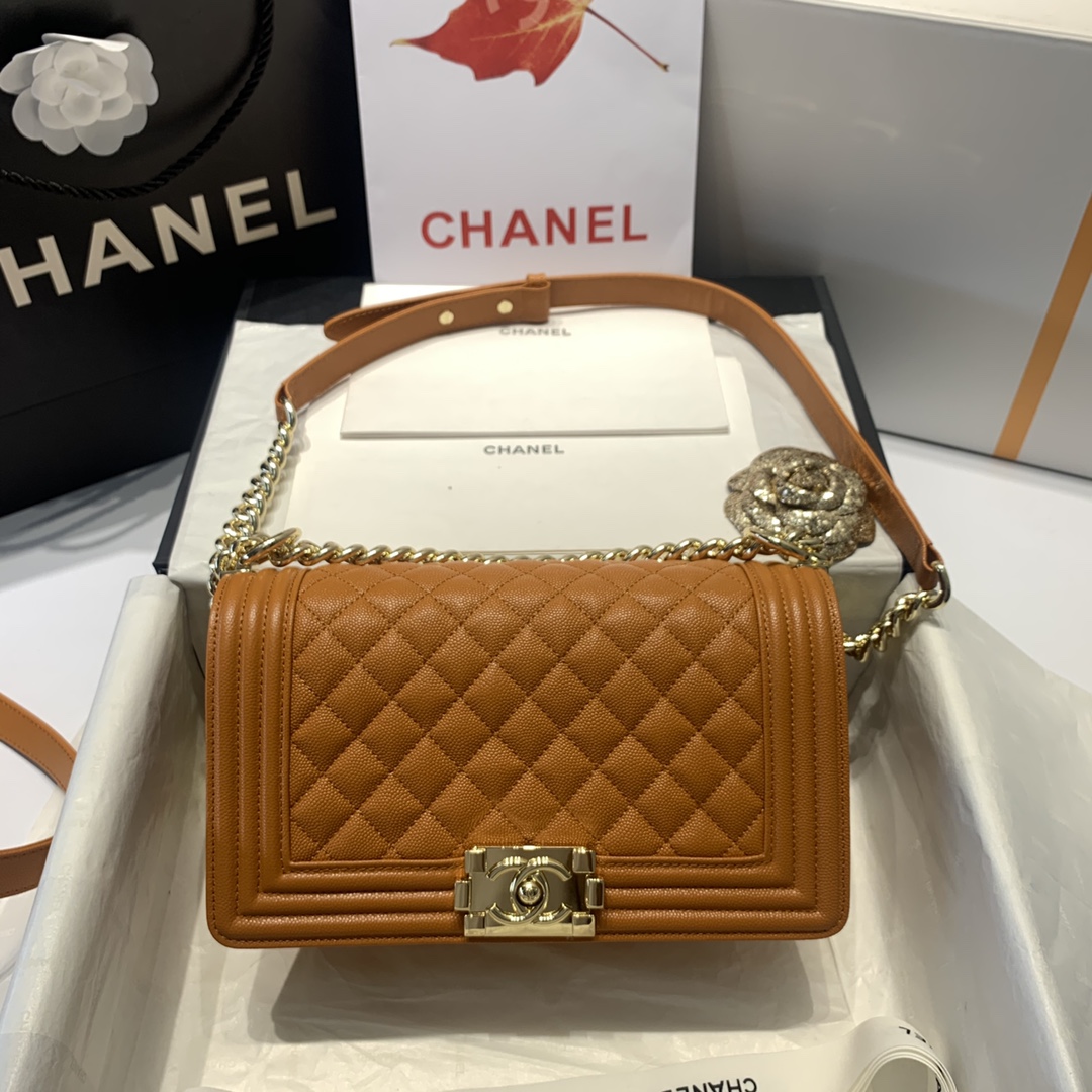 Ch**el medium boy bag classic gold-tone metal grained leather tan a67086 25cm