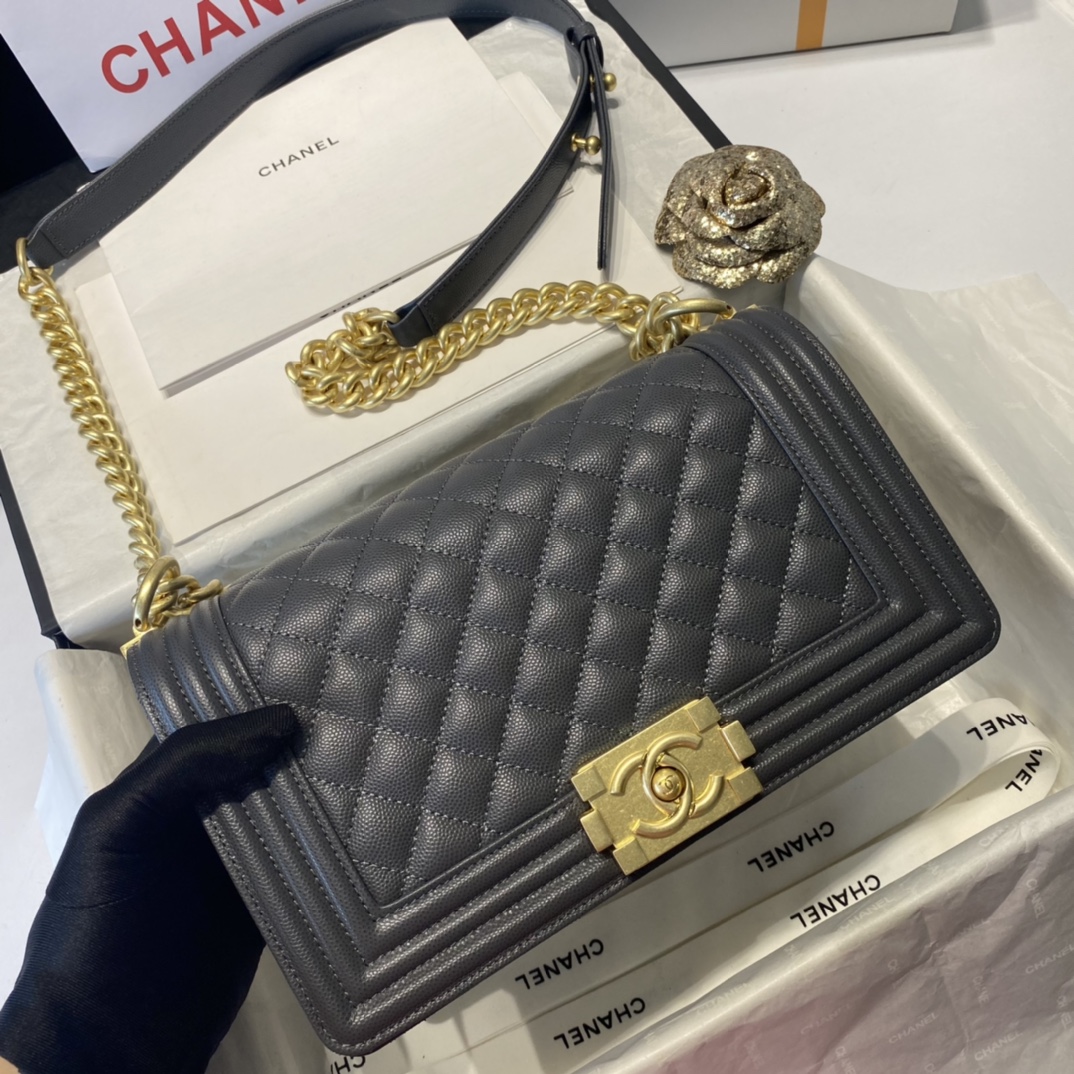 Ch**el medium boy bag classic gold-tone metal grained leather dark gray a67086 25cm
