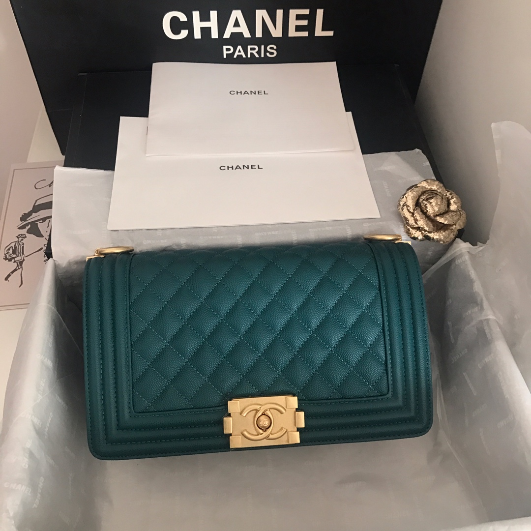 Ch**el medium boy bag classic gold-tone metal grained leather teal a67086 25cm