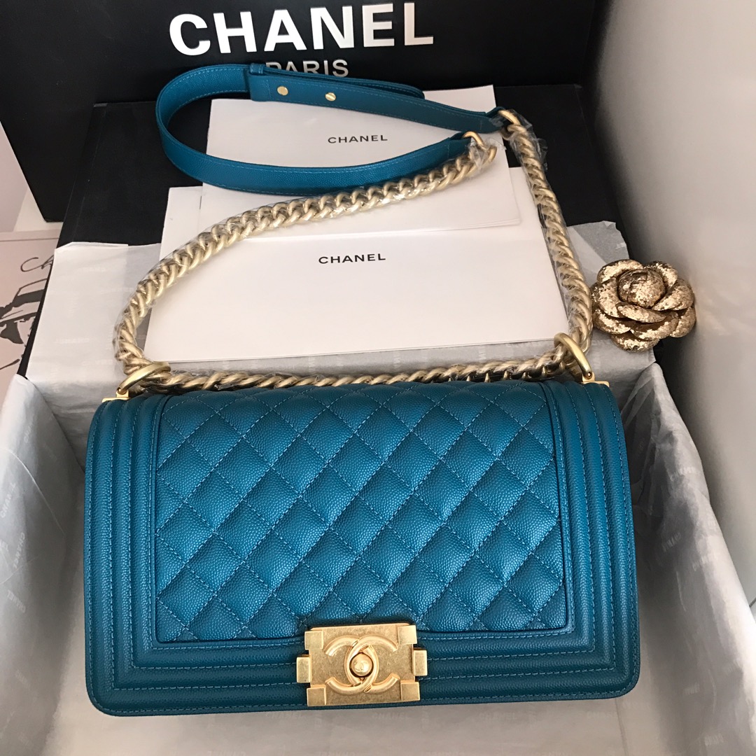 Ch**el medium boy bag classic gold-tone metal grained leather ocean blue a67086 25cm