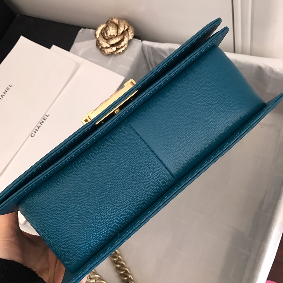 Ch**el medium boy bag classic gold-tone metal grained leather ocean blue a67086 25cm