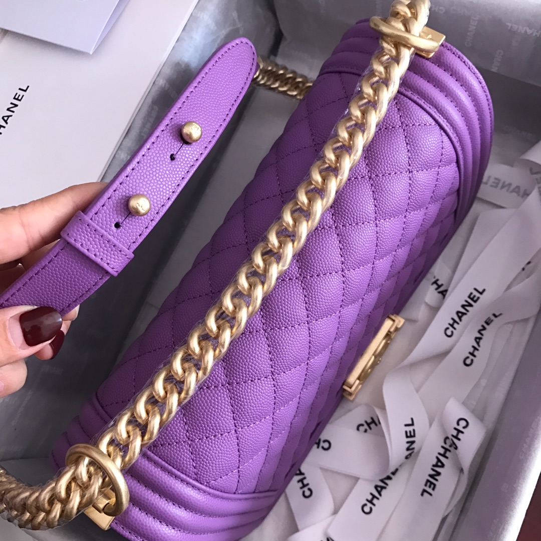Ch**el medium boy bag classic gold-tone metal grained leather light purple a67086 25cm
