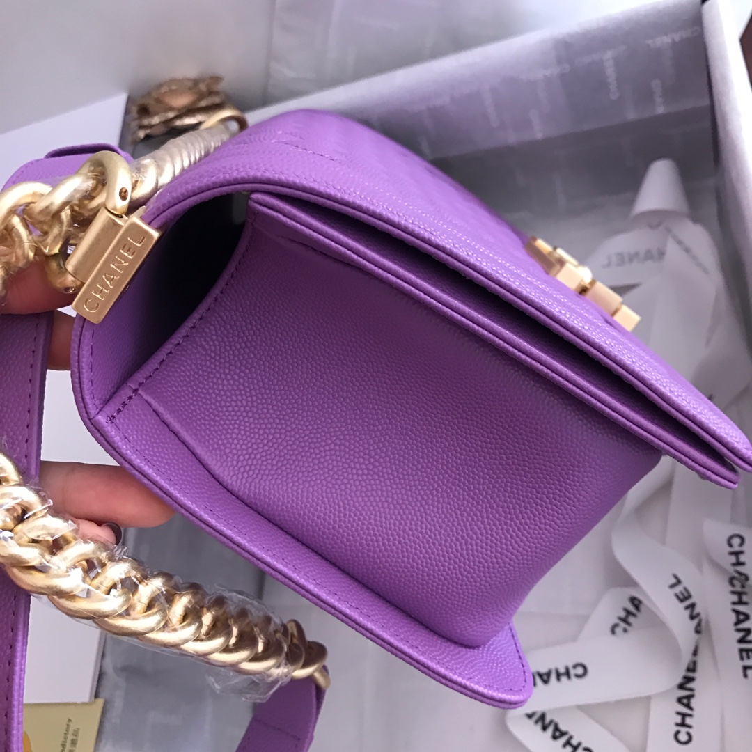 Ch**el medium boy bag classic gold-tone metal grained leather light purple a67086 25cm