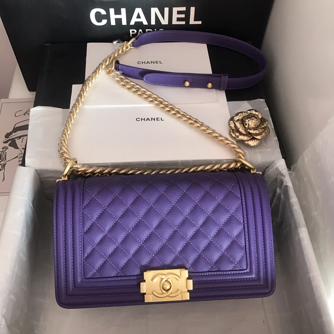 Ch**el medium boy bag classic gold-tone metal grained leather purple a67086 25cm
