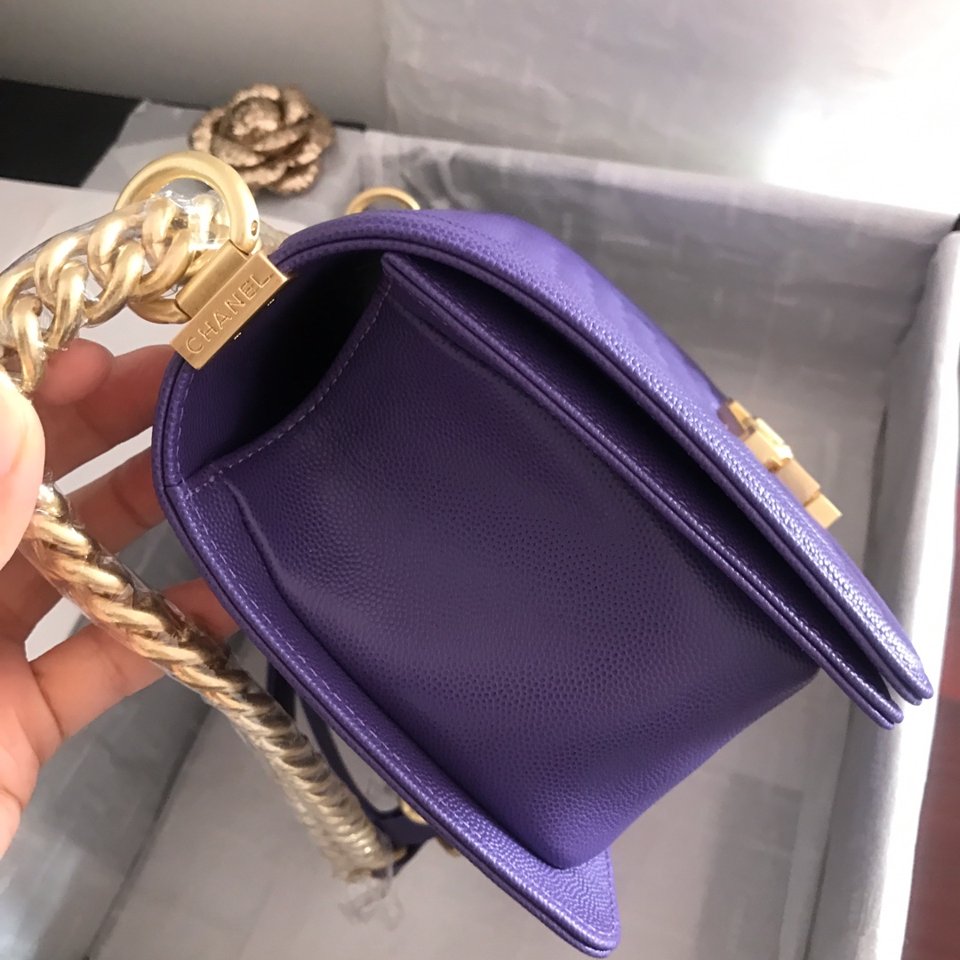 Ch**el medium boy bag classic gold-tone metal grained leather purple a67086 25cm