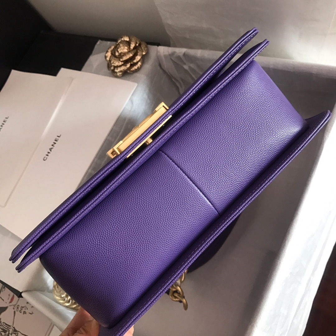 Ch**el medium boy bag classic gold-tone metal grained leather purple a67086 25cm