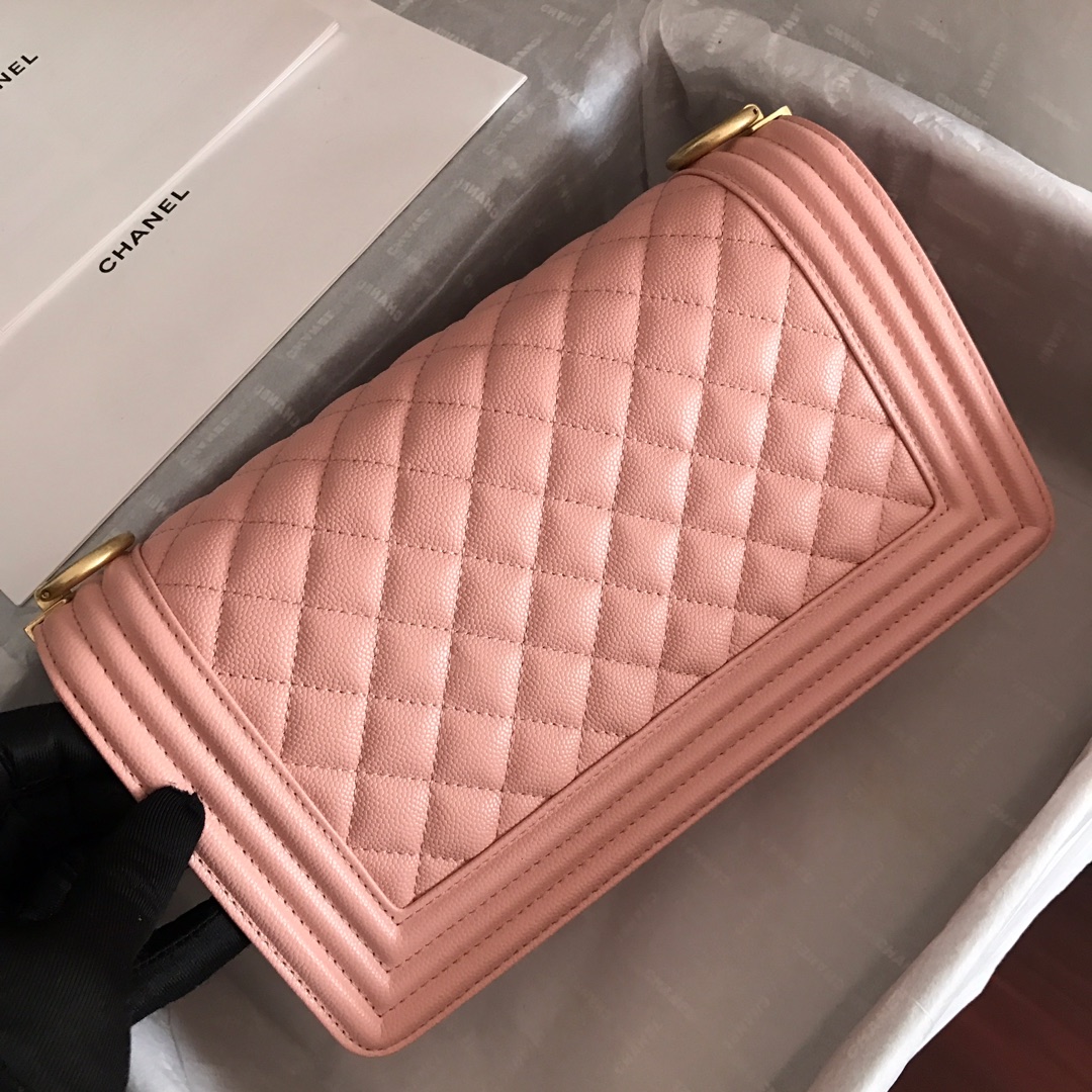 Ch**el medium boy bag classic gold-tone metal grained leather pink a67086 25cm
