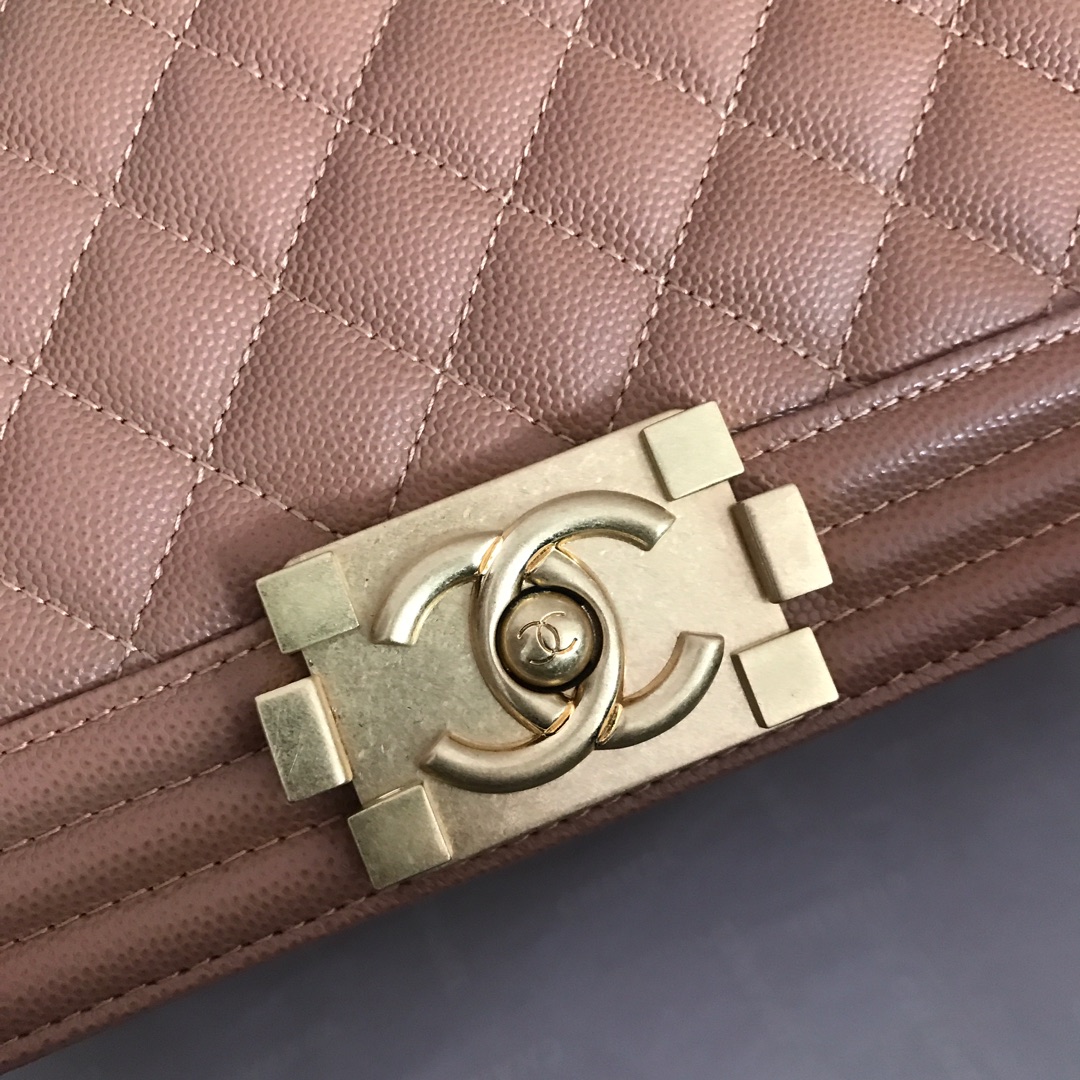 Ch**el medium boy bag classic gold-tone metal grained leather beige a67086 25cm