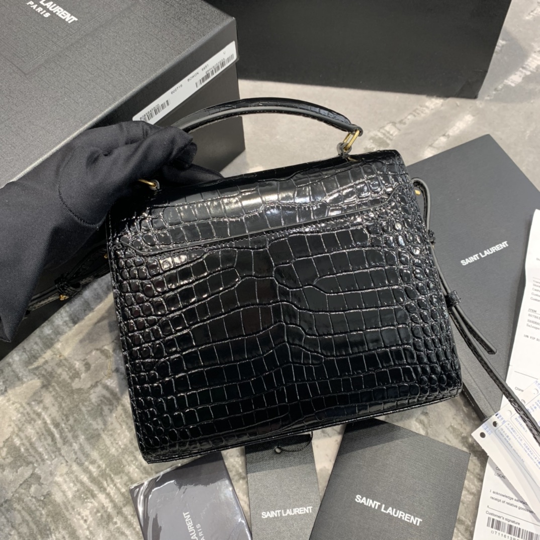 Y51 cassandra mini top handle bag crocodile leather black 623930 20 x 16 x 7.5 cm