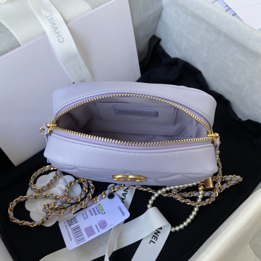 Ch**el mini camera case leather imitation pearls light purple as2856 18 x 14 x 7 cm