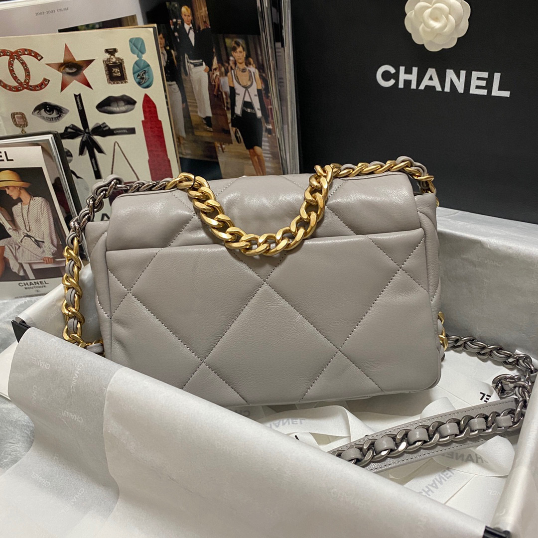 Ch**el 19 calfskin in grey-26×16×9cm