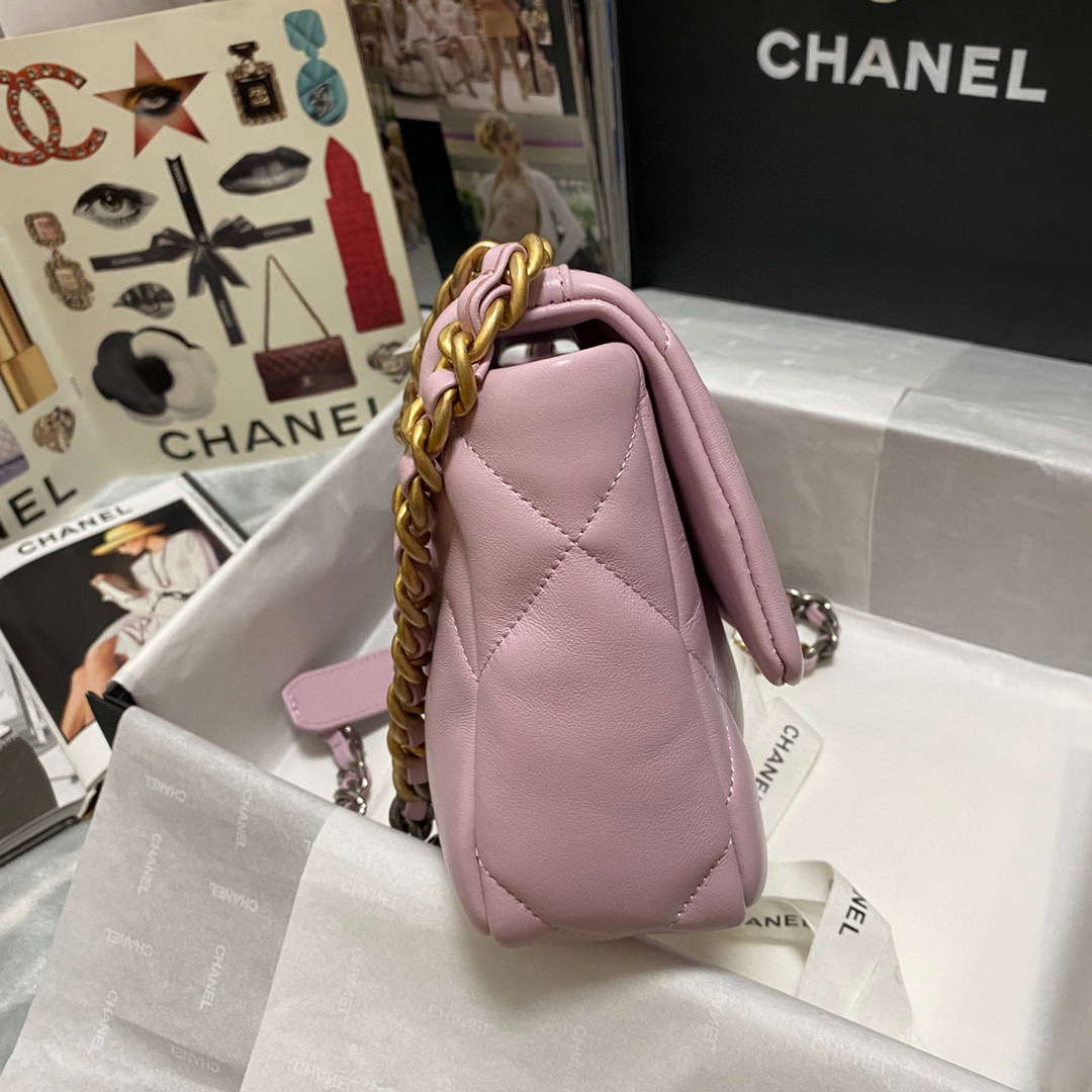 Ch**el 19 handbag calfskin in pink-26×16×9cm