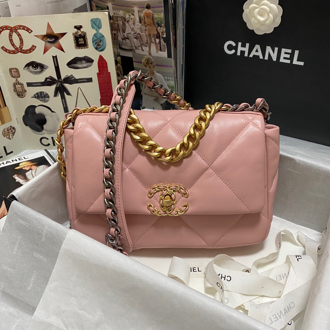 Ch**el 19 calfskin in pink-26×16×9cm