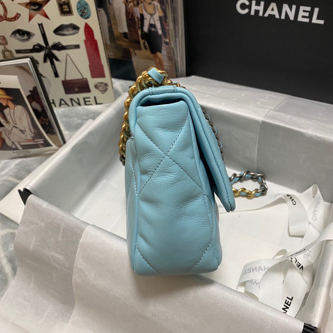 Ch**el 19 calfskin in blue-26×16×9cm