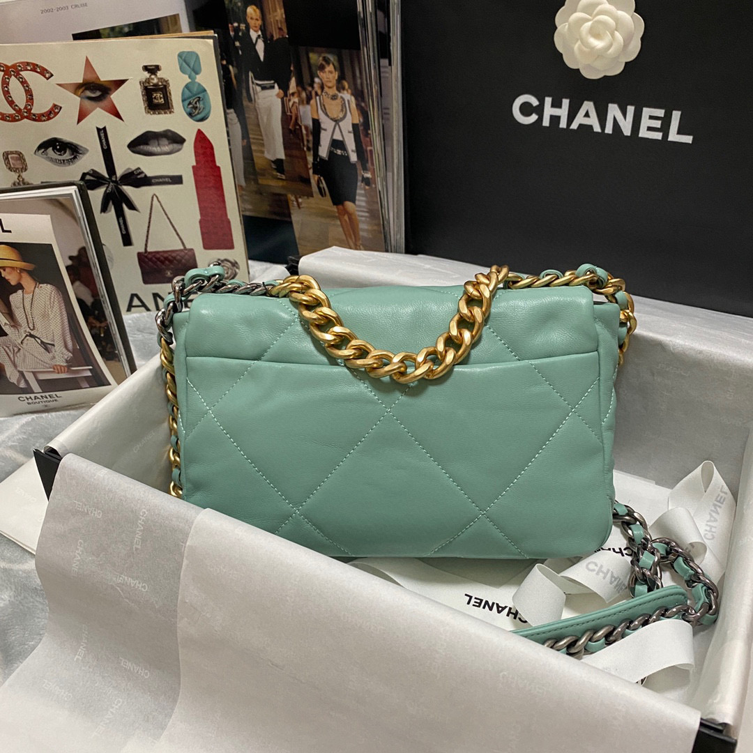 Ch**el 19 calfskin in blue green-26×16×9cm