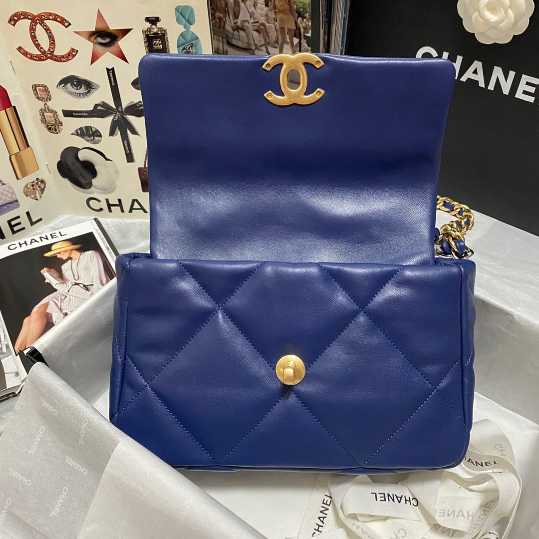 Ch**el 19 calfskin in dark blue-26×16×9cm